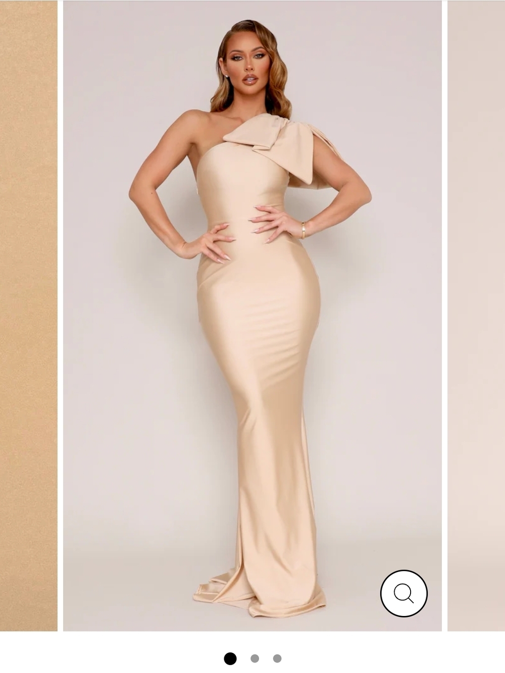 Moda Glam Jersey One-Shoulder Bow Evening Gown in Champagne